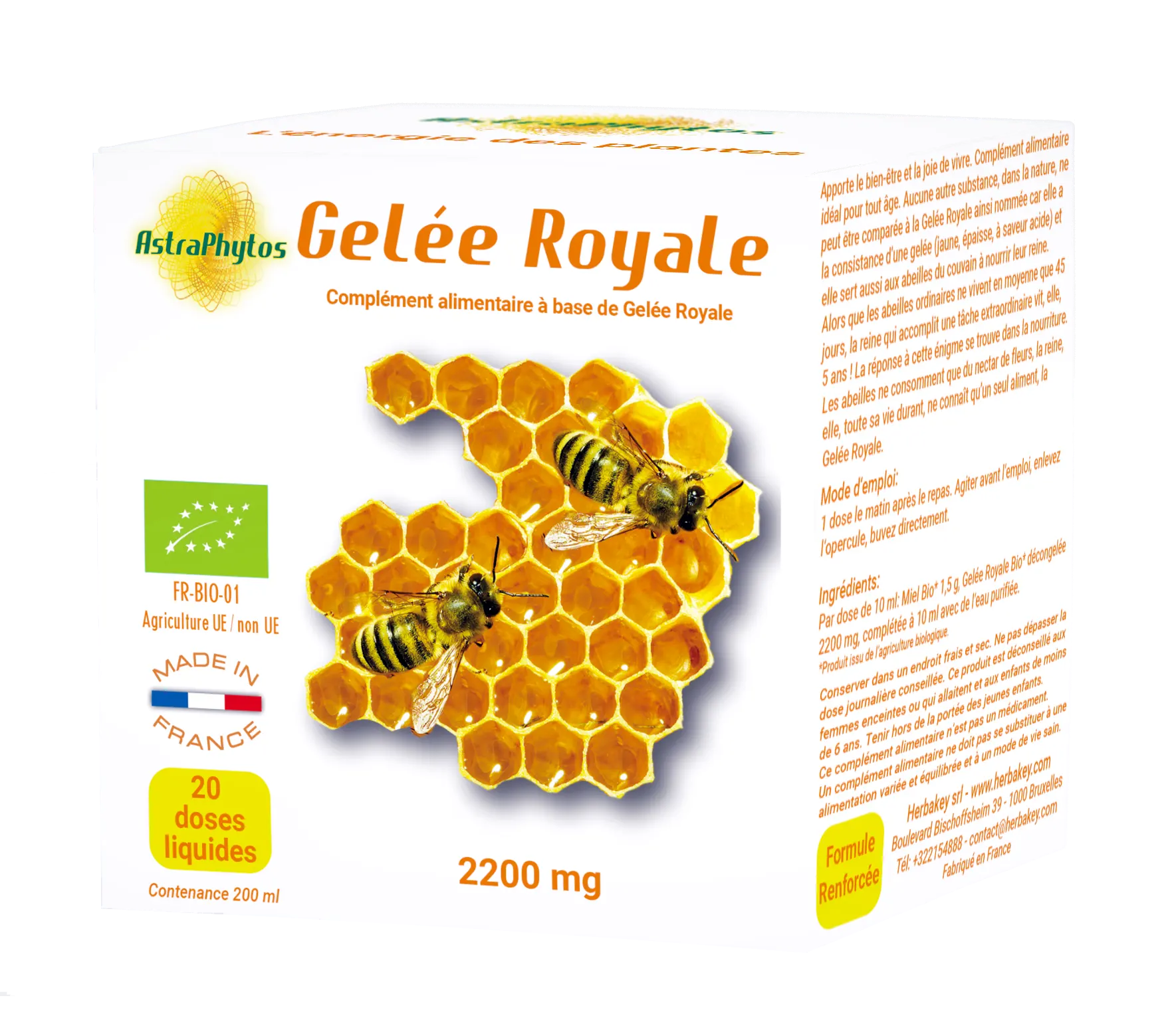 Boîte Gelée Royale Bio, 20 doses liquides de 10 ml, Herbakey